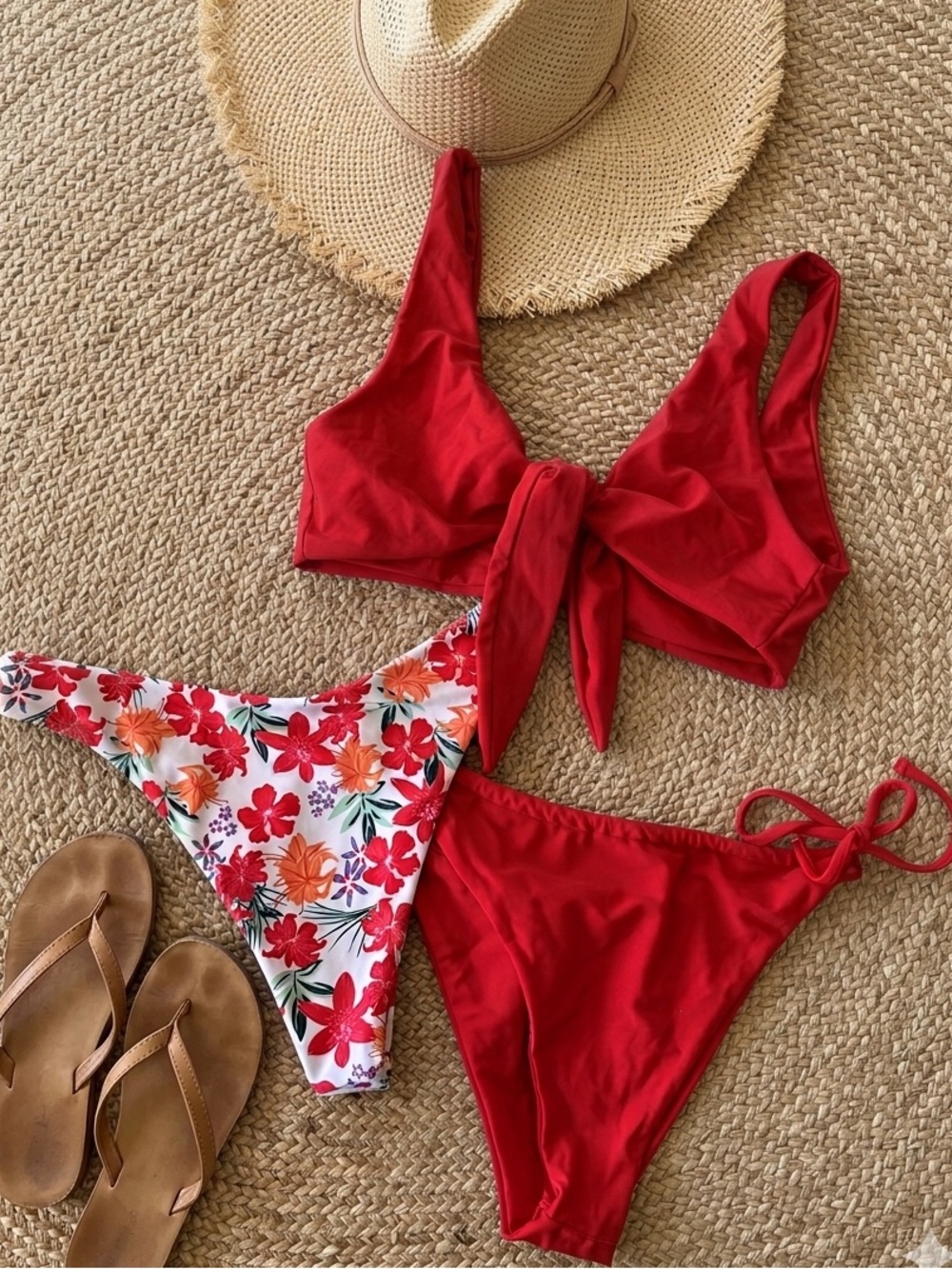 🔥 2/$20 Mix Set Red Tie Front Bikini Red White Floral Red Tie Bottoms L/XL